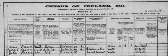 1911 Ireland Census Mann 