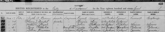 "Massachusetts, Births, 1841-1915," index and images, FamilySearch (https://familysearch.org/pal:/MM9.1.1/FX61-NC9 : accessed 19 Aug 2014), Lena Petralis, 31 Aug 1894; citing Greenfield, New York [this is incorrect, it's NH], p425, Massachusetts Archives, Boston; FHL microfilm 1651224.